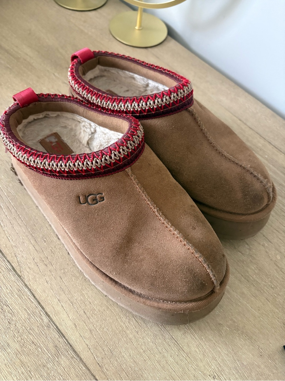 UGG Tazz Suede Shearling Slip-On Slippers with Red Trim chestnut 8